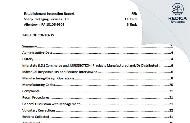 EIR - Sharp Packaging Services, LLC [Allentown / United States of America] - Download PDF - Redica Systems