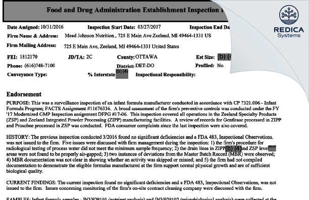 EIR - Mead Johnson & Company, LLC [Zeeland / United States of America] - Download PDF - Redica Systems