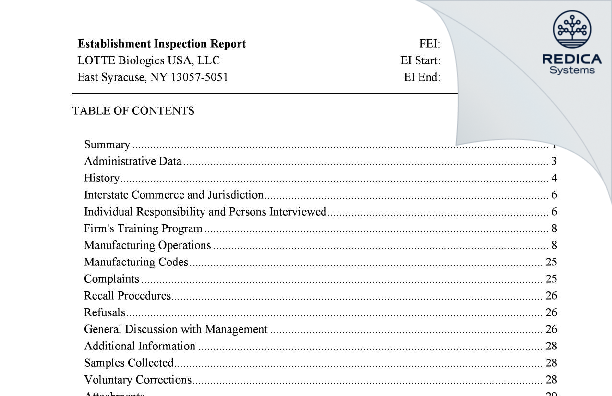 EIR - Lotte Biologics USA, LLC [East Syracuse / United States of America] - Download PDF - Redica Systems