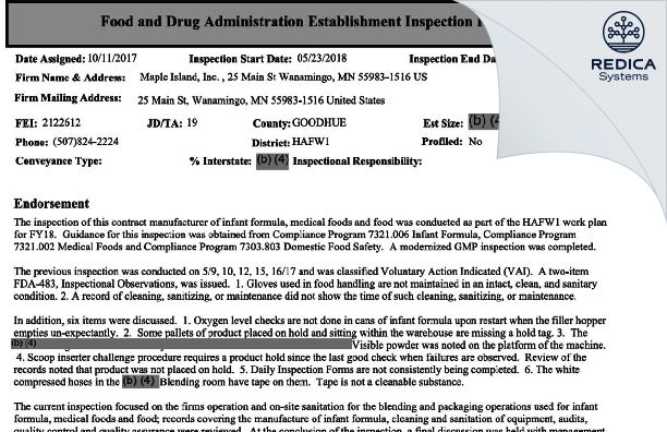 EIR - Mead Johnson and Co., LLC [Wanamingo / United States of America] - Download PDF - Redica Systems