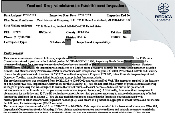 EIR - Mead Johnson & Company, LLC [Zeeland / United States of America] - Download PDF - Redica Systems