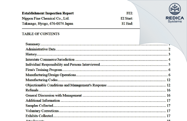 EIR - NIPPON FINE CHEMICAL CO.,LTD [Umei / Japan] - Download PDF - Redica Systems