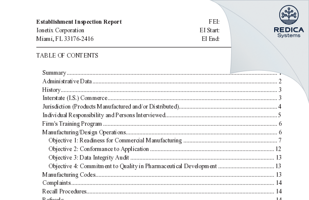 EIR - Ionetix Corporation [Miami / United States of America] - Download PDF - Redica Systems