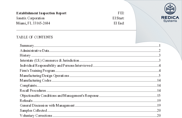 EIR - Ionetix Corporation [Miami / United States of America] - Download PDF - Redica Systems