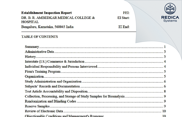EIR - DR. B. R. AMBEDKAR MEDICAL COLLEGE & HOSPITAL [Bengaluru / India] - Download PDF - Redica Systems