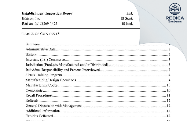 EIR - ETHICON, INC. [Raritan / United States of America] - Download PDF - Redica Systems