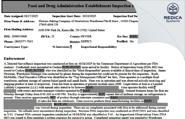 EIR - Flowers Baking Company of Morristown Warehouse/Thrift Store [Seymour / United States of America] - Download PDF - Redica Systems