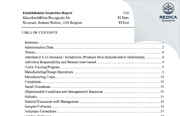 EIR - GlaxoSmithKline Biologicals SA [Rixensart / Belgium] - Download PDF - Redica Systems