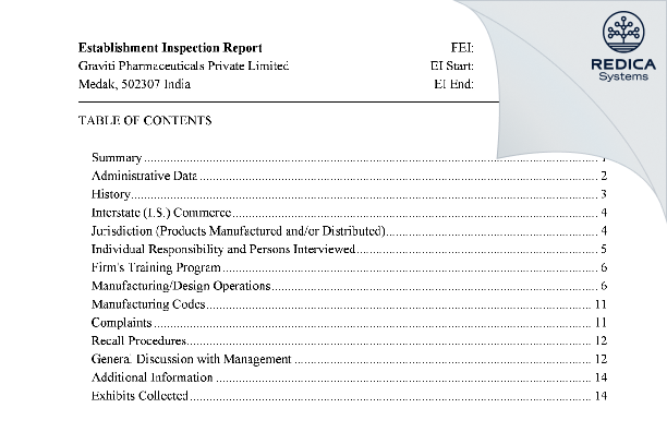 EIR - Graviti Pharmaceuticals Private Limited [Patancheru / India] - Download PDF - Redica Systems