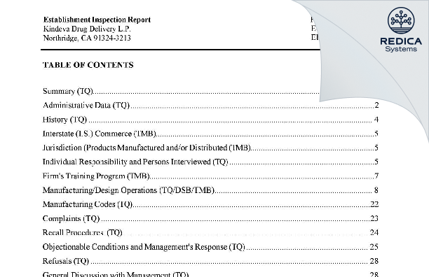 EIR - Kindeva Drug Delivery L.P. [Northridge / United States of America] - Download PDF - Redica Systems