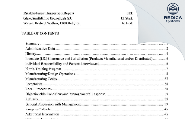EIR - GlaxoSmithKline Biologicals SA [Wavre / Belgium] - Download PDF - Redica Systems