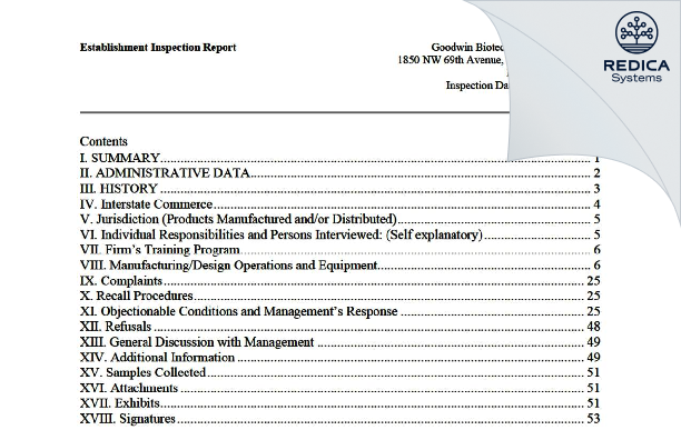 EIR - Goodwin Biotechnology, Inc [Plantation / United States of America] - Download PDF - Redica Systems