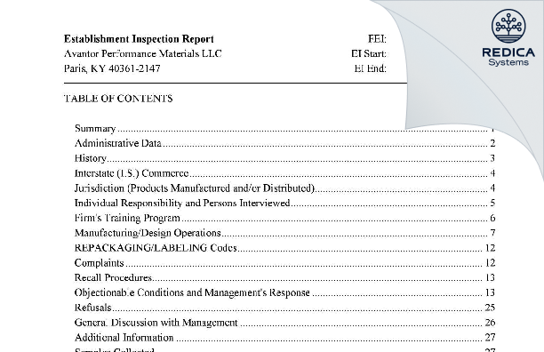 EIR - Avantor Performance Materials, LLC [Paris / United States of America] - Download PDF - Redica Systems