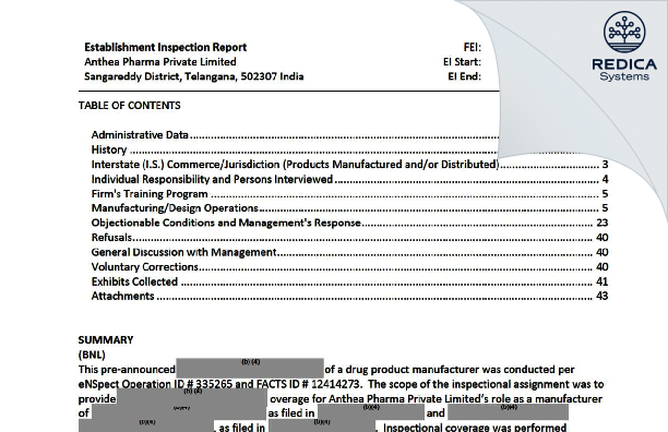 EIR - Anthea Pharma Private Limited [Patancheru / India] - Download PDF - Redica Systems