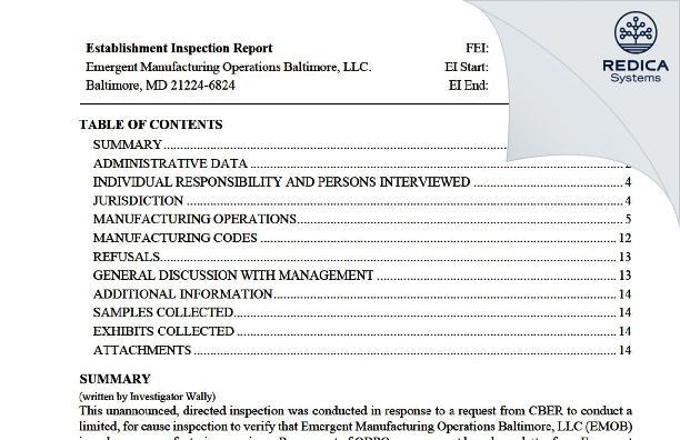 EIR - Emergent Manufacturing Operations Baltimore LLC [Baltimore / United States of America] - Download PDF - Redica Systems