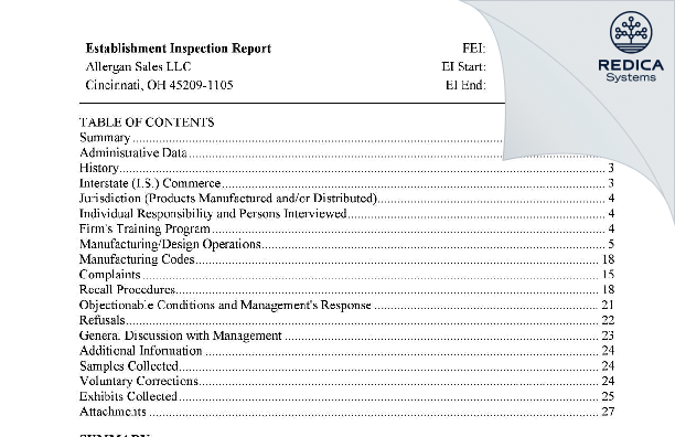 EIR - Allergan Sales, LLC [Cincinnati / United States of America] - Download PDF - Redica Systems