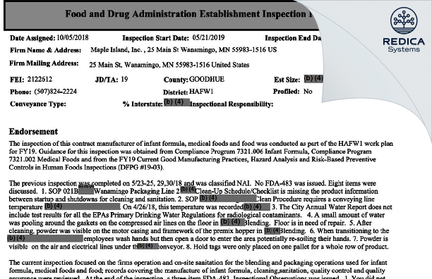 EIR - Mead Johnson and Co., LLC [Wanamingo / United States of America] - Download PDF - Redica Systems