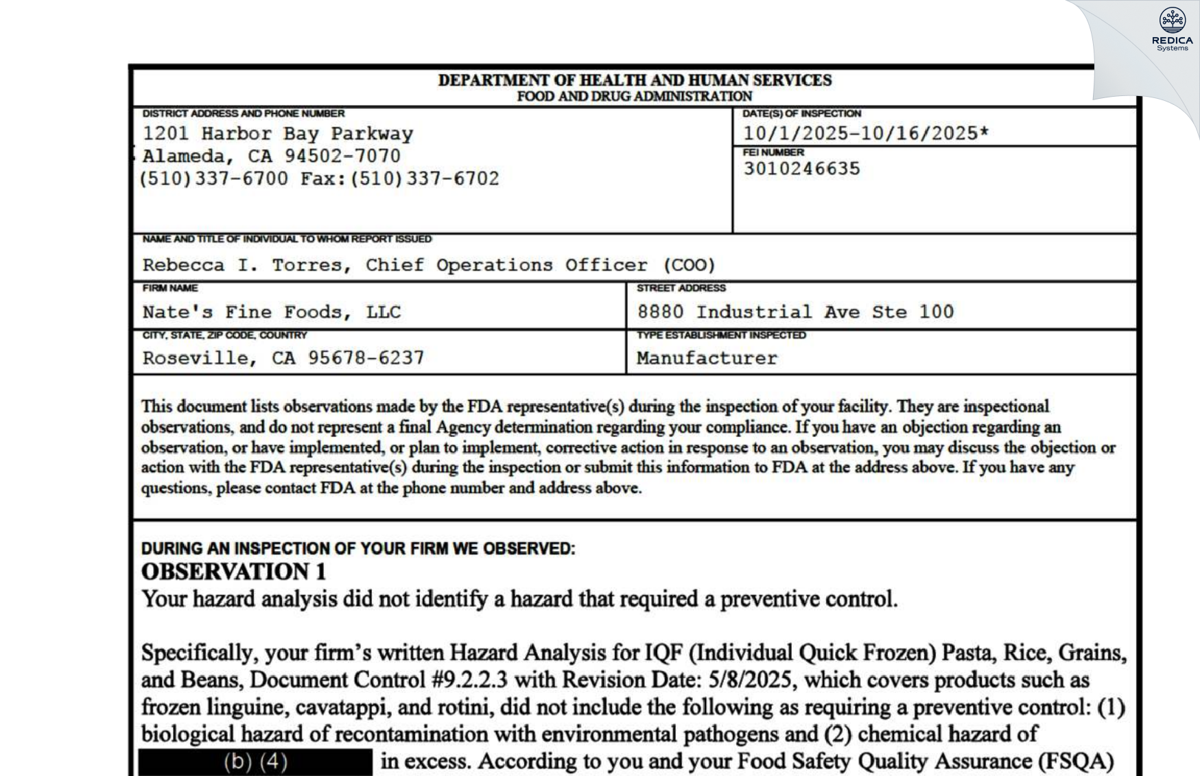 FDA 483 - Nate's Fine Foods LLC [Roseville / United States of America] - Download PDF - Redica Systems