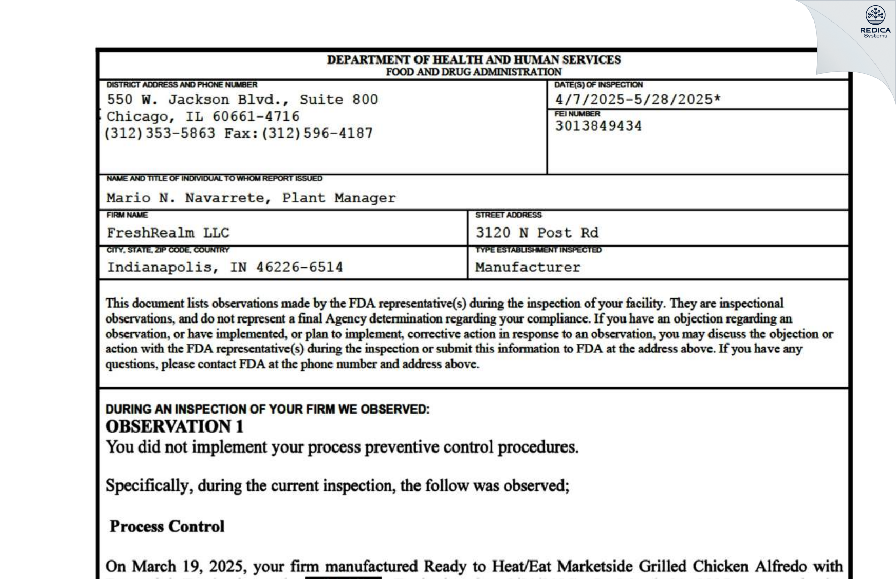 FDA 483 - FreshRealm LLC [Indianapolis / United States of America] - Download PDF - Redica Systems