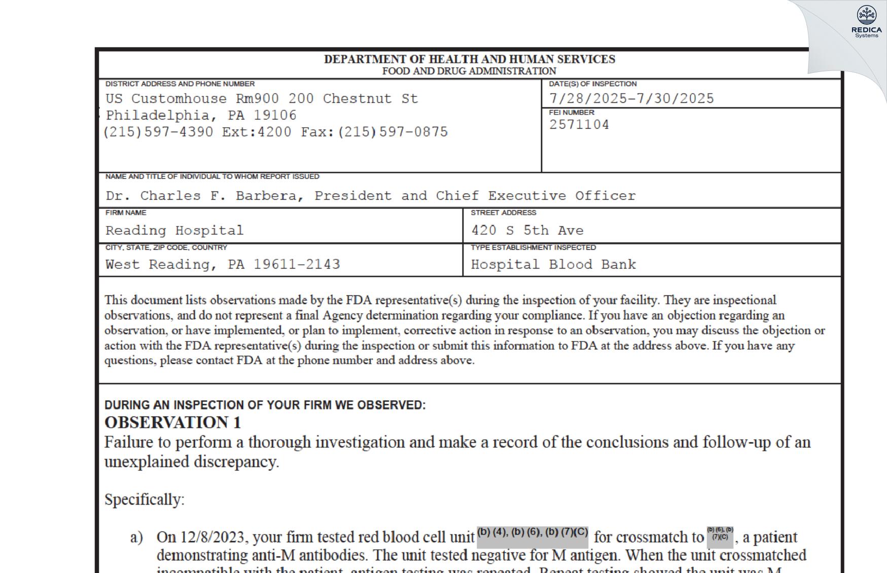 FDA 483 - Reading Hospital [Reading / United States of America] - Download PDF - Redica Systems