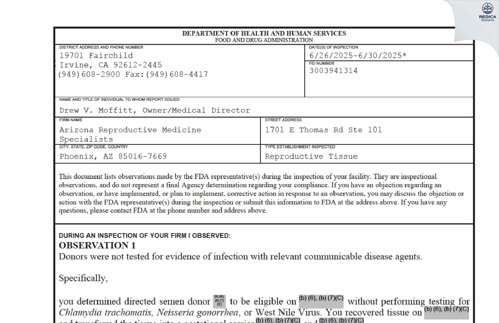 FDA 483 - Arizona Reproductive Medicine Specialists [Phoenix / United States of America] - Download PDF - Redica Systems