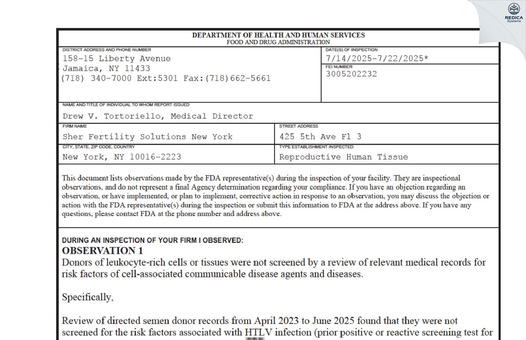 FDA 483 - Sher Fertility Solutions New York [New York / United States of America] - Download PDF - Redica Systems