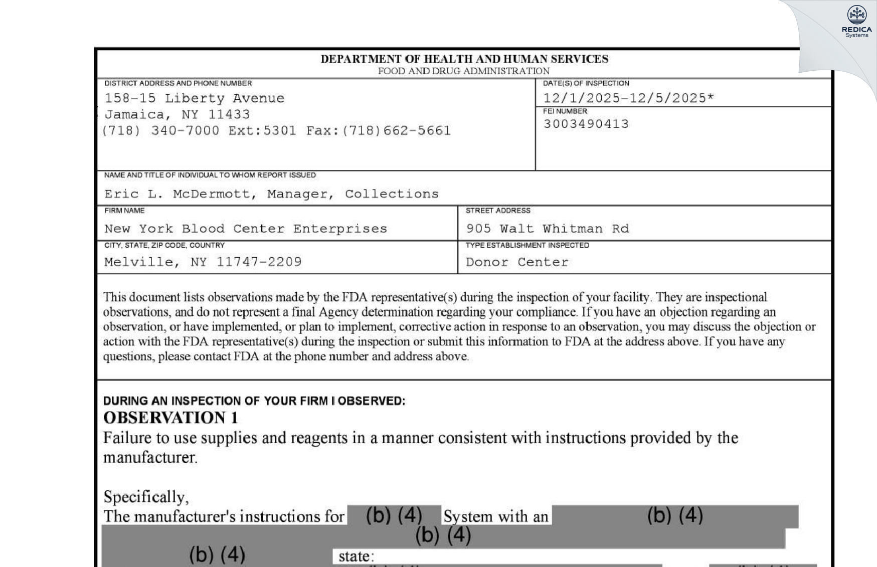 FDA 483 - New York Blood Center Enterprises [Melville / United States of America] - Download PDF - Redica Systems