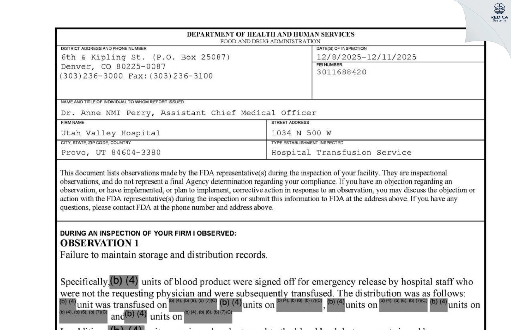 FDA 483 - Utah Valley Hospital [Provo / United States of America] - Download PDF - Redica Systems