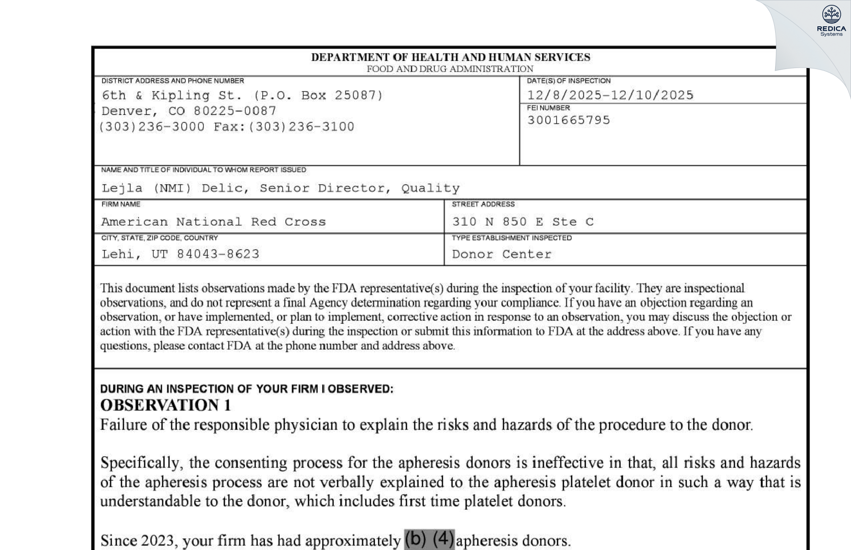 FDA 483 - American National Red Cross [Orem / United States of America] - Download PDF - Redica Systems
