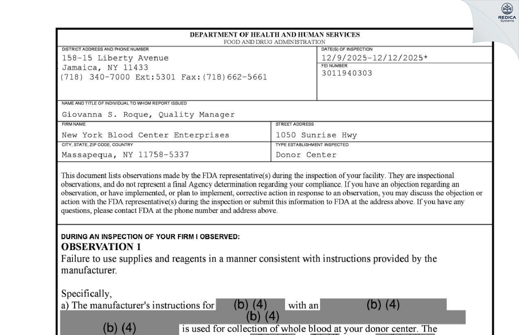 FDA 483 - New York Blood Center Inc [Massapequa / United States of America] - Download PDF - Redica Systems
