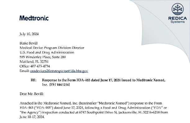 FDA 483 Response - Medtronic Xomed, Inc. [Jacksonville / United States of America] - Download PDF - Redica Systems