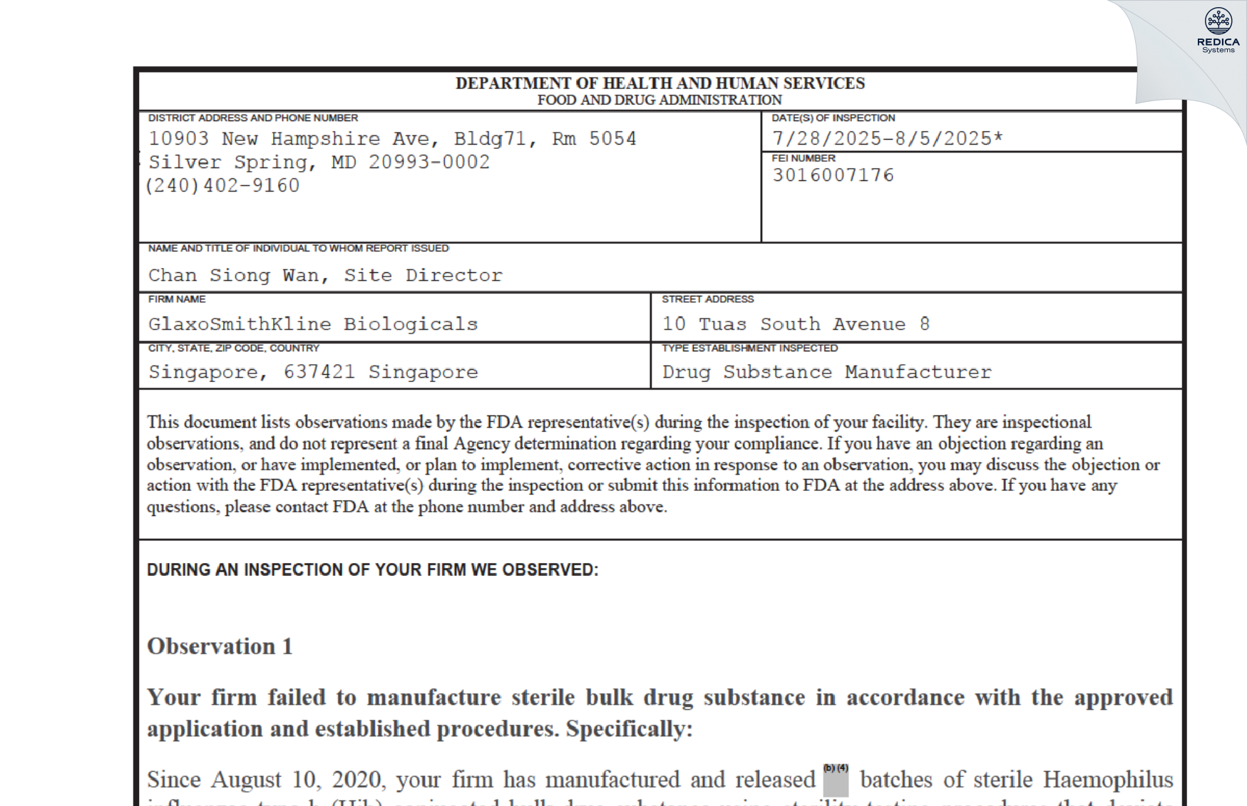 FDA 483 - GlaxoSmithKline Biologicals [Singapore / Singapore] - Download PDF - Redica Systems