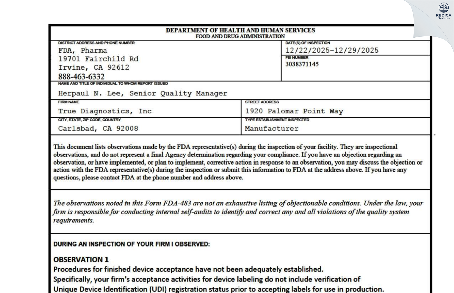 FDA 483 - TRUE DIAGNOSTICS, INC. [Carlsbad / United States of America] - Download PDF - Redica Systems