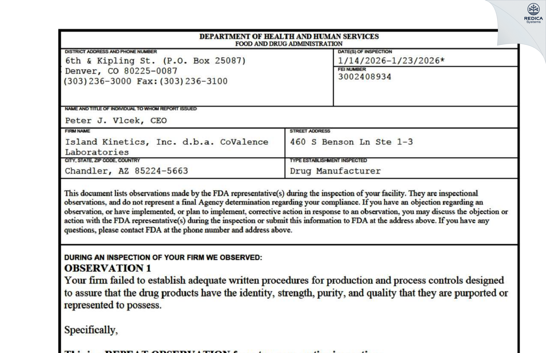 FDA 483 - Island Kinetics, Inc. d.b.a. CoValence Laboratories [Chandler / United States of America] - Download PDF - Redica Systems