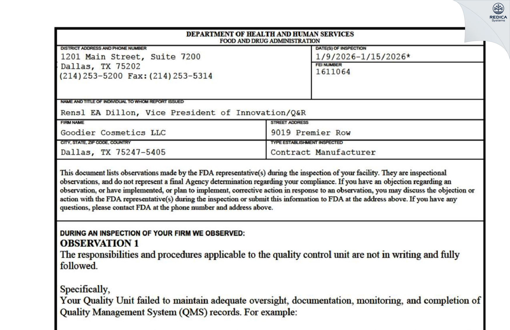 FDA 483 - Goodier Cosmetics [Dallas / United States of America] - Download PDF - Redica Systems