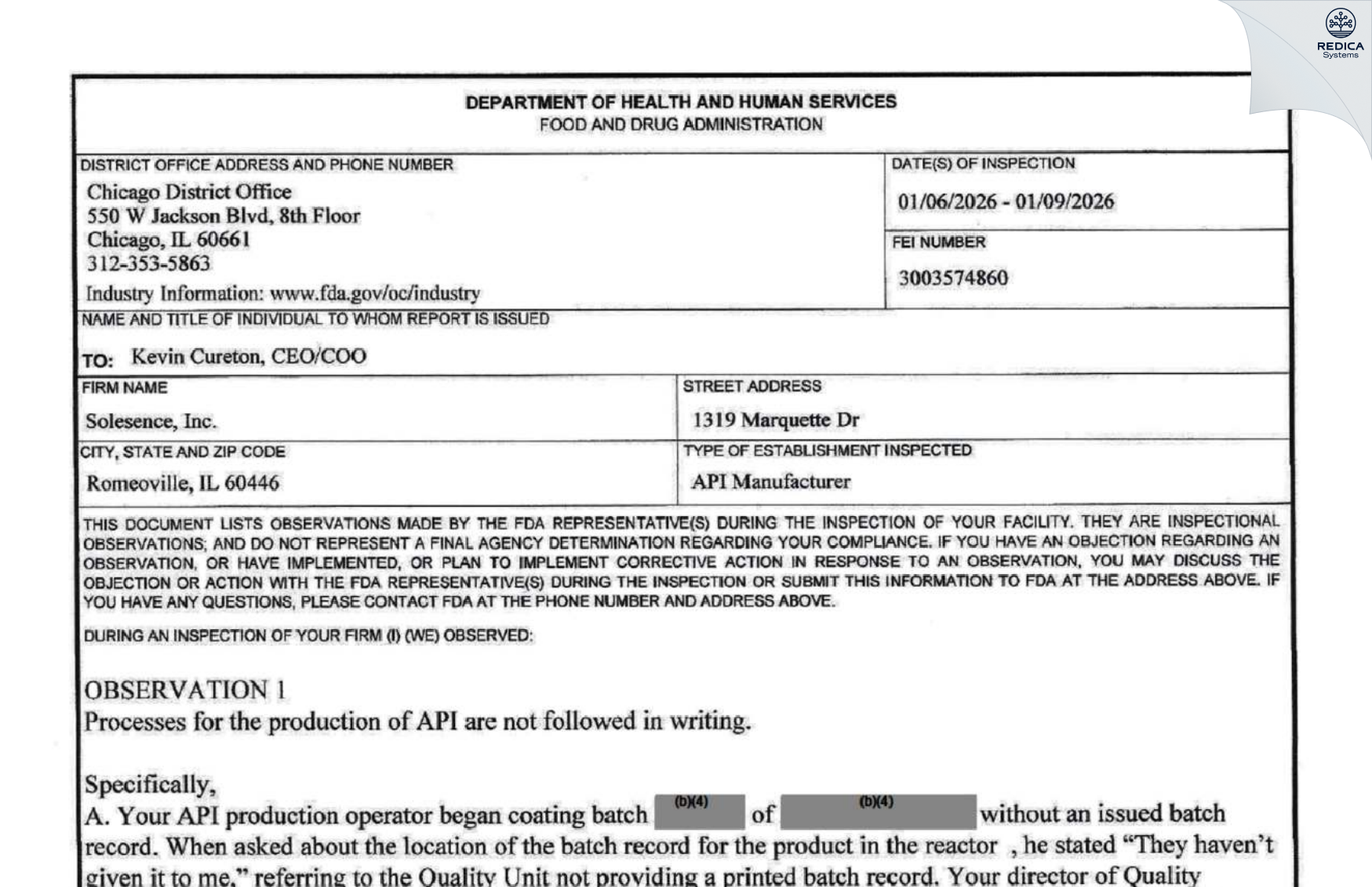 FDA 483 - Nanophase Technologies Corporation [Romeoville / United States of America] - Download PDF - Redica Systems