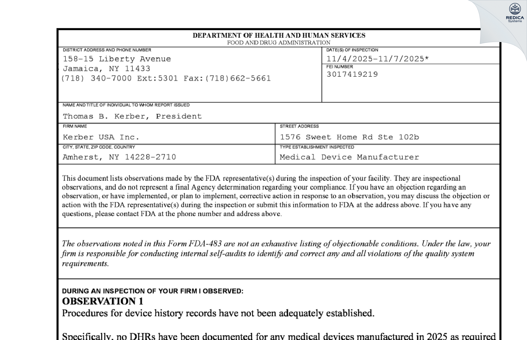 FDA 483 - Kerber USA Inc. [Buffalo / United States of America] - Download PDF - Redica Systems