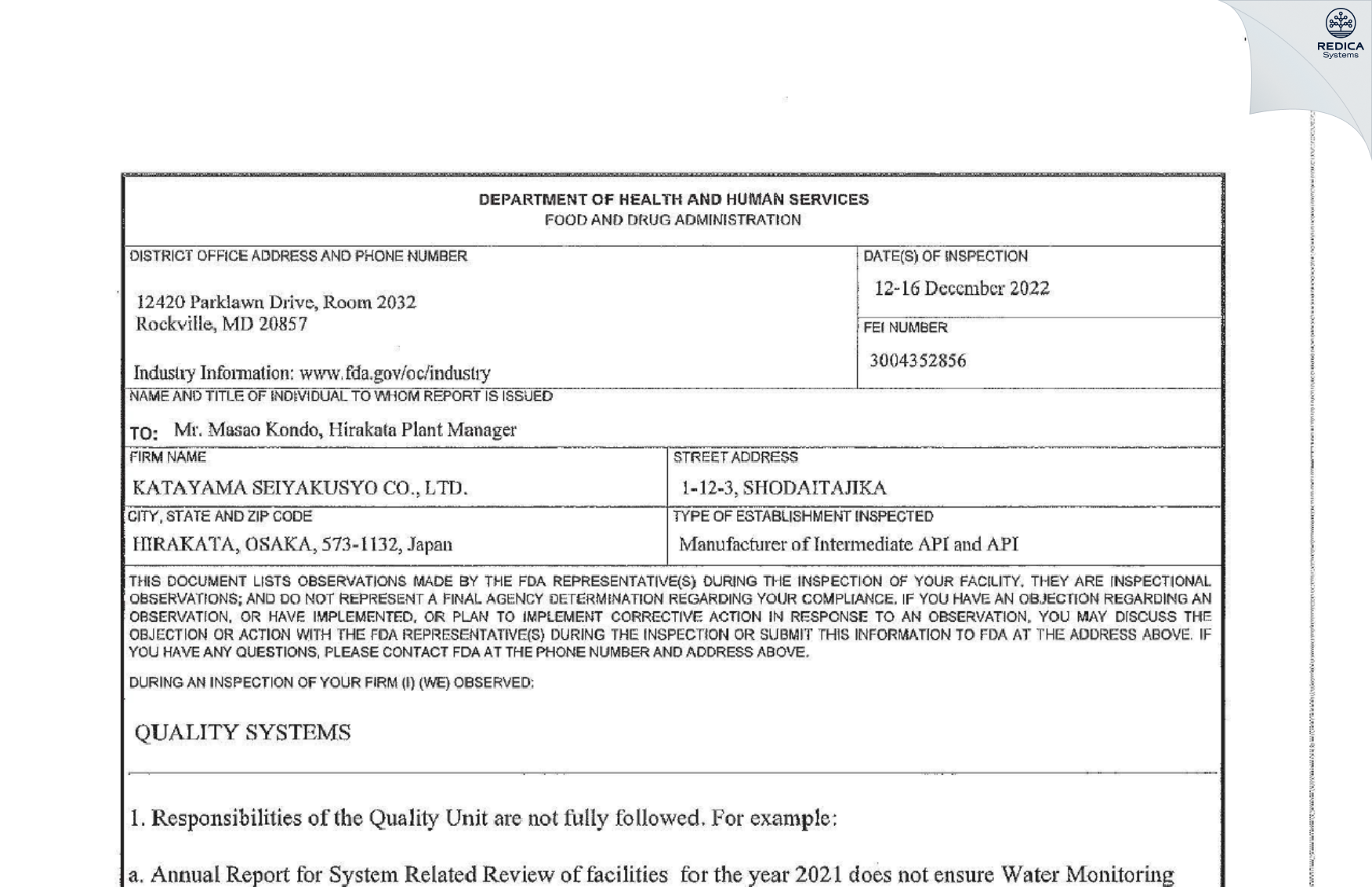 FDA 483 - KATAYAMA SEIYAKUSYO CO., LTD. [Shodaitajika / Japan] - Download PDF - Redica Systems