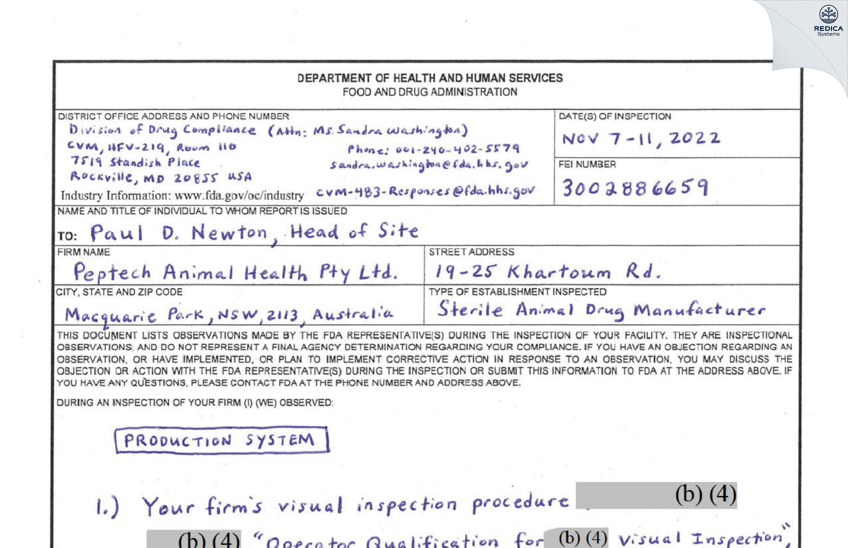 FDA 483 - Peptech Animal Health PTY Limited [Sydney / Australia] - Download PDF - Redica Systems