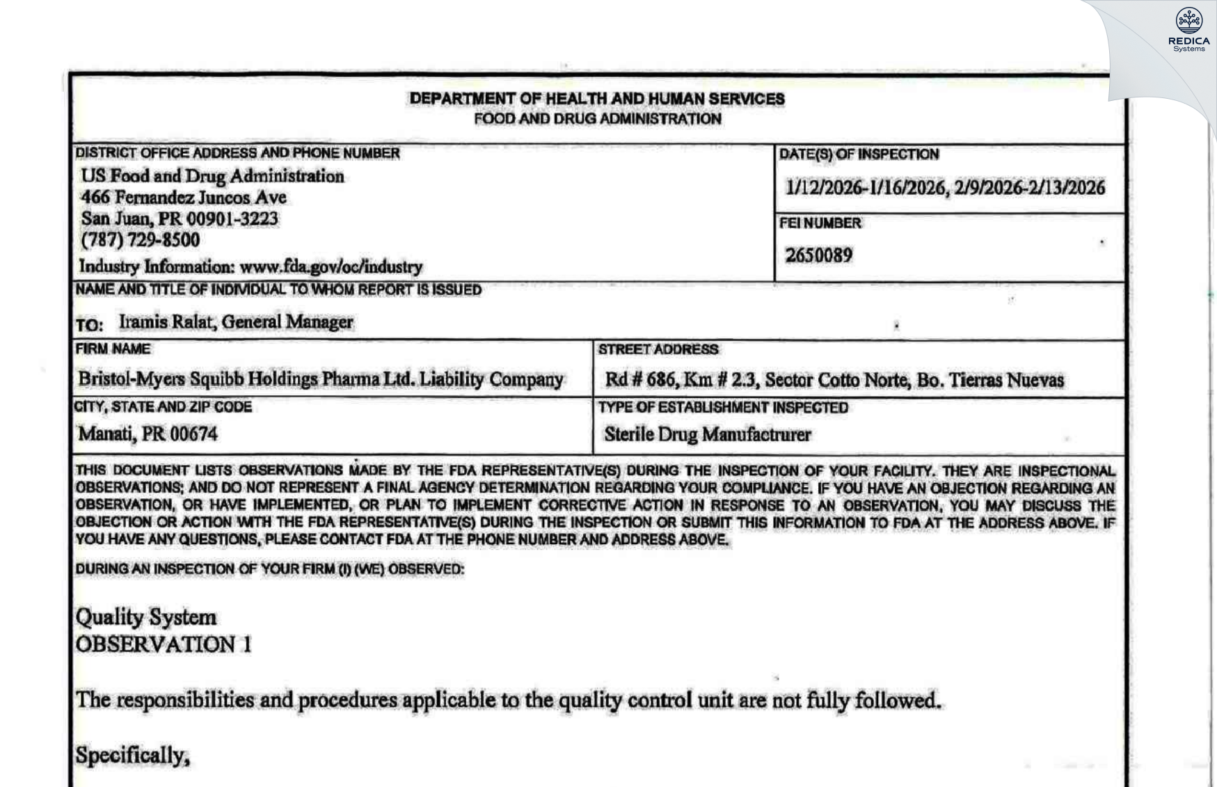 FDA 483 - Bristol-Myers Squibb Holdings Pharma, Ltd. Liability Company [Tierras Nuevas Saliente / Puerto Rico] - Download PDF - Redica Systems