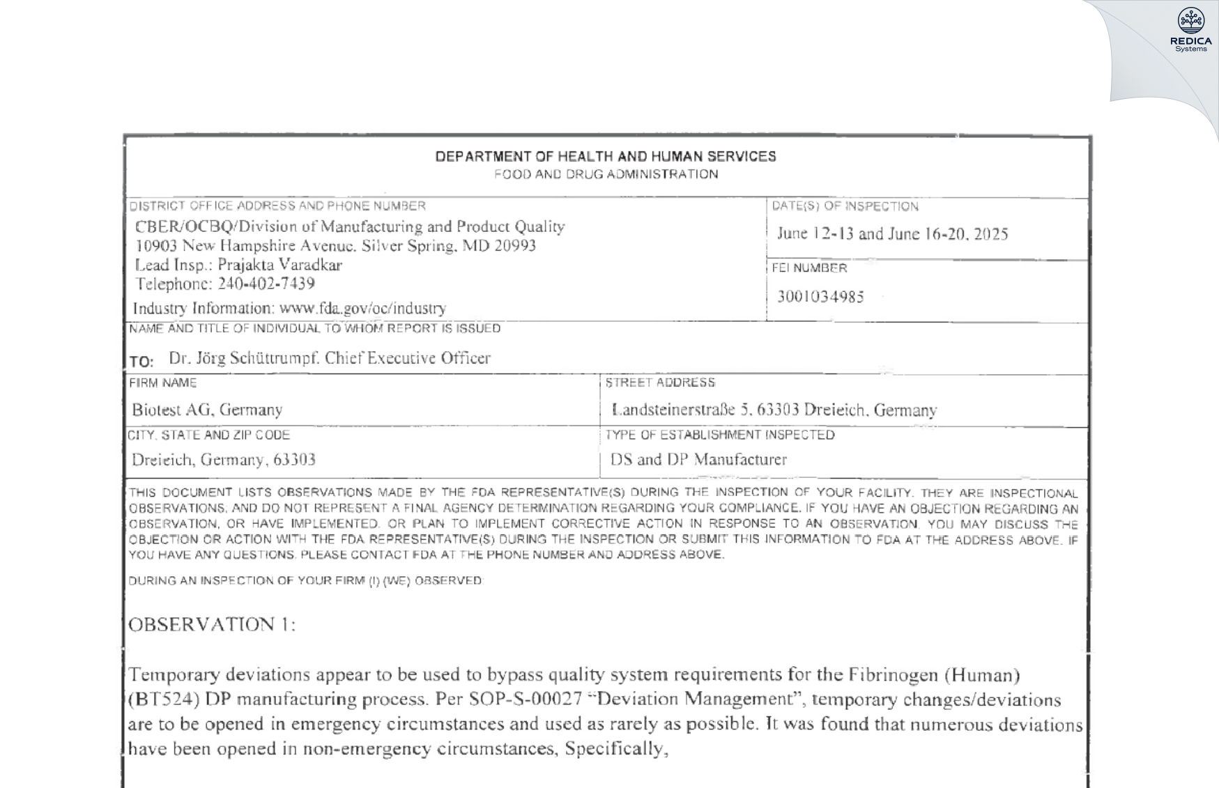 FDA 483 - Biotest AG [Dreieich / Germany] - Download PDF - Redica Systems