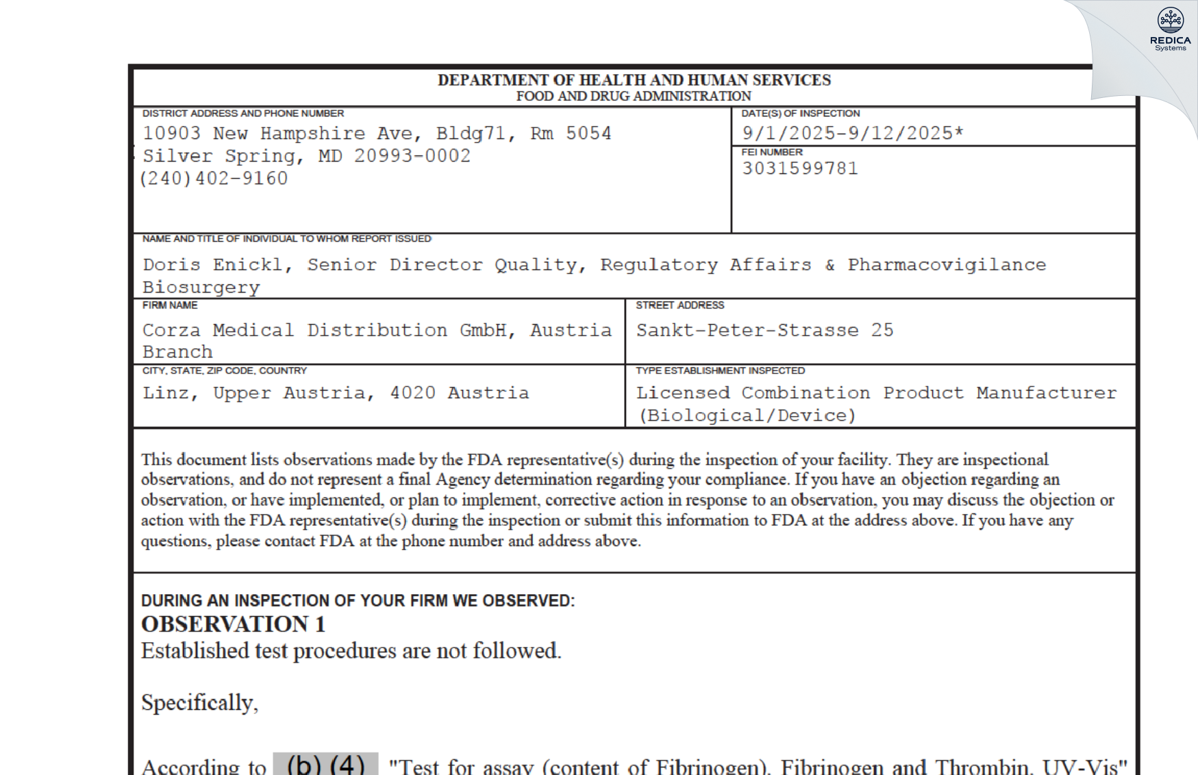 FDA 483 - Corza Medical Distribution GmbH, Austria Branch [Linz / Austria] - Download PDF - Redica Systems
