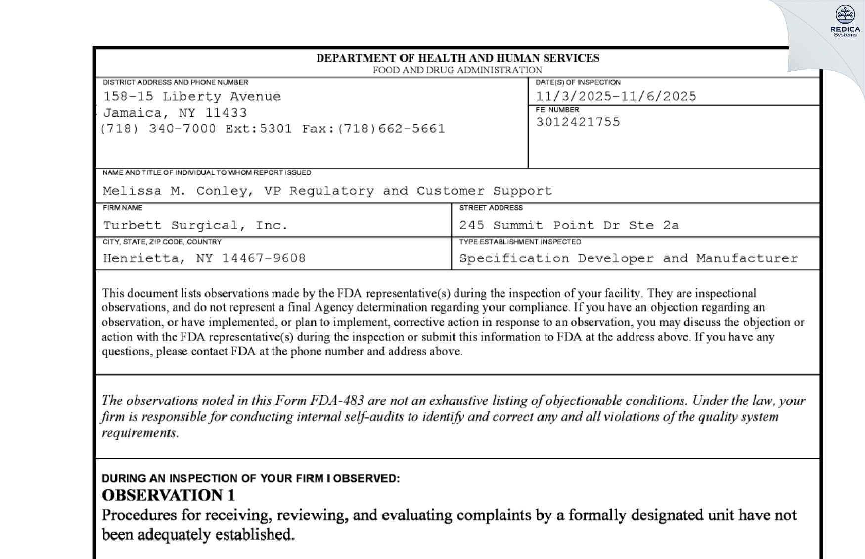 FDA 483 - Turbett Surgical, Inc. [Henrietta / United States of America] - Download PDF - Redica Systems