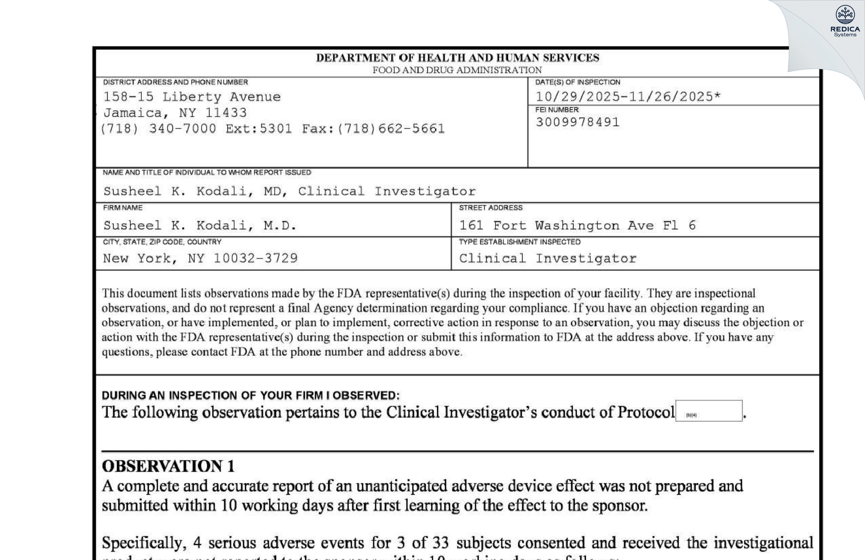 FDA 483 - Susheel Kodali, M.D. [New York / United States of America] - Download PDF - Redica Systems