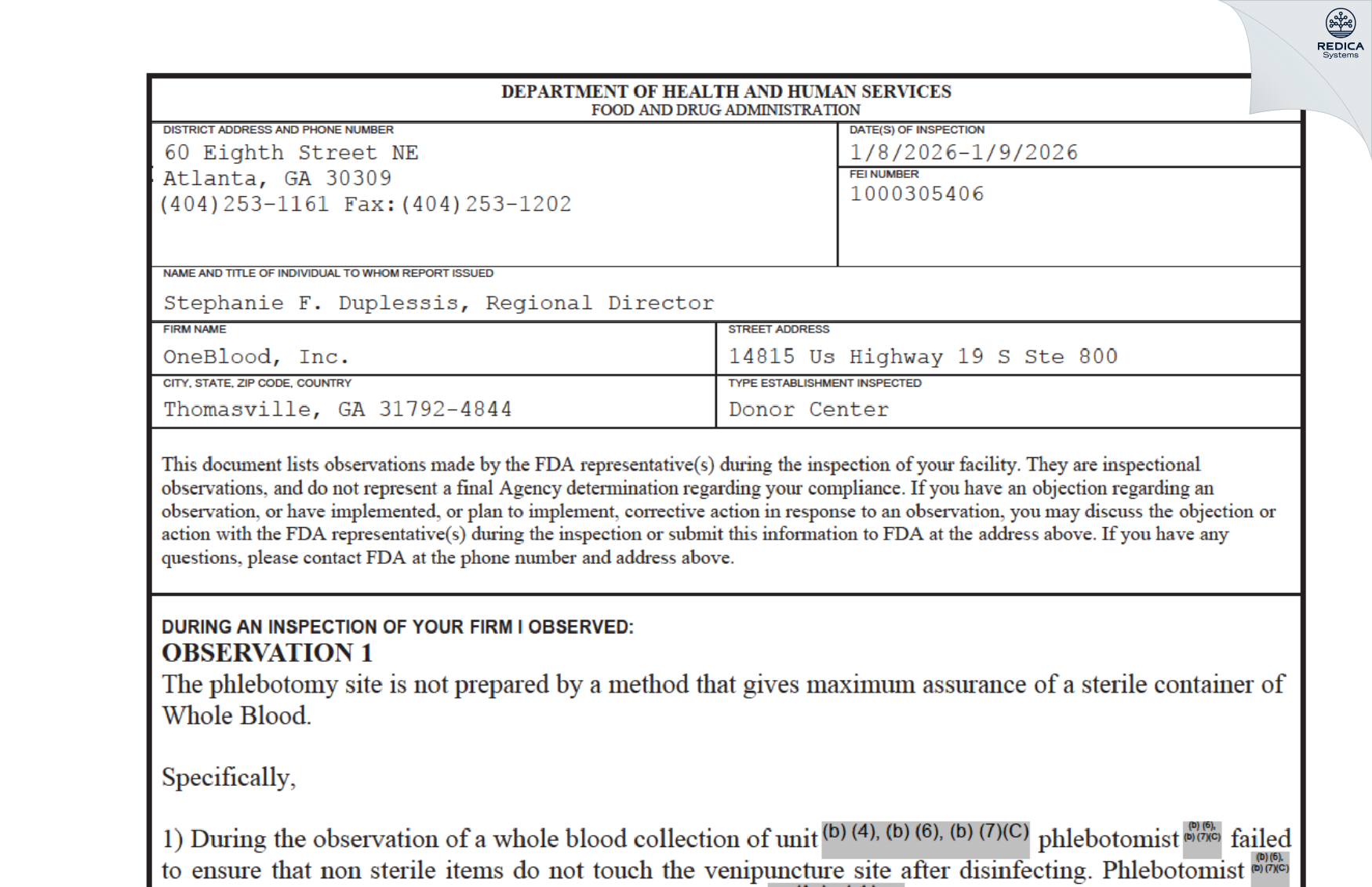 FDA 483 - OneBlood, Inc. [Thomasville / United States of America] - Download PDF - Redica Systems