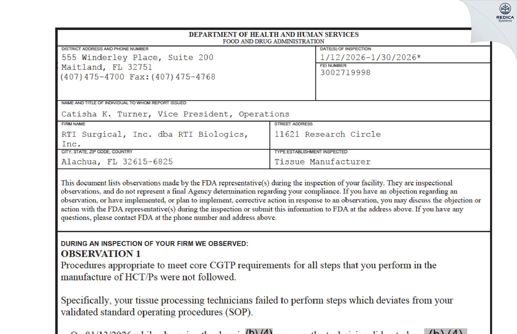 FDA 483 - RTI Surgical, Inc. dba RTI Biologics, Inc. [Alachua / United States of America] - Download PDF - Redica Systems