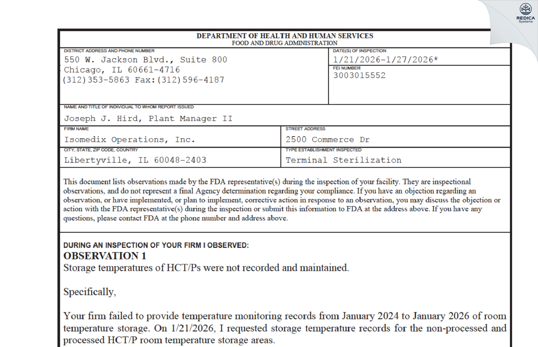 FDA 483 - Isomedix Operations Inc [Libertyville / United States of America] - Download PDF - Redica Systems