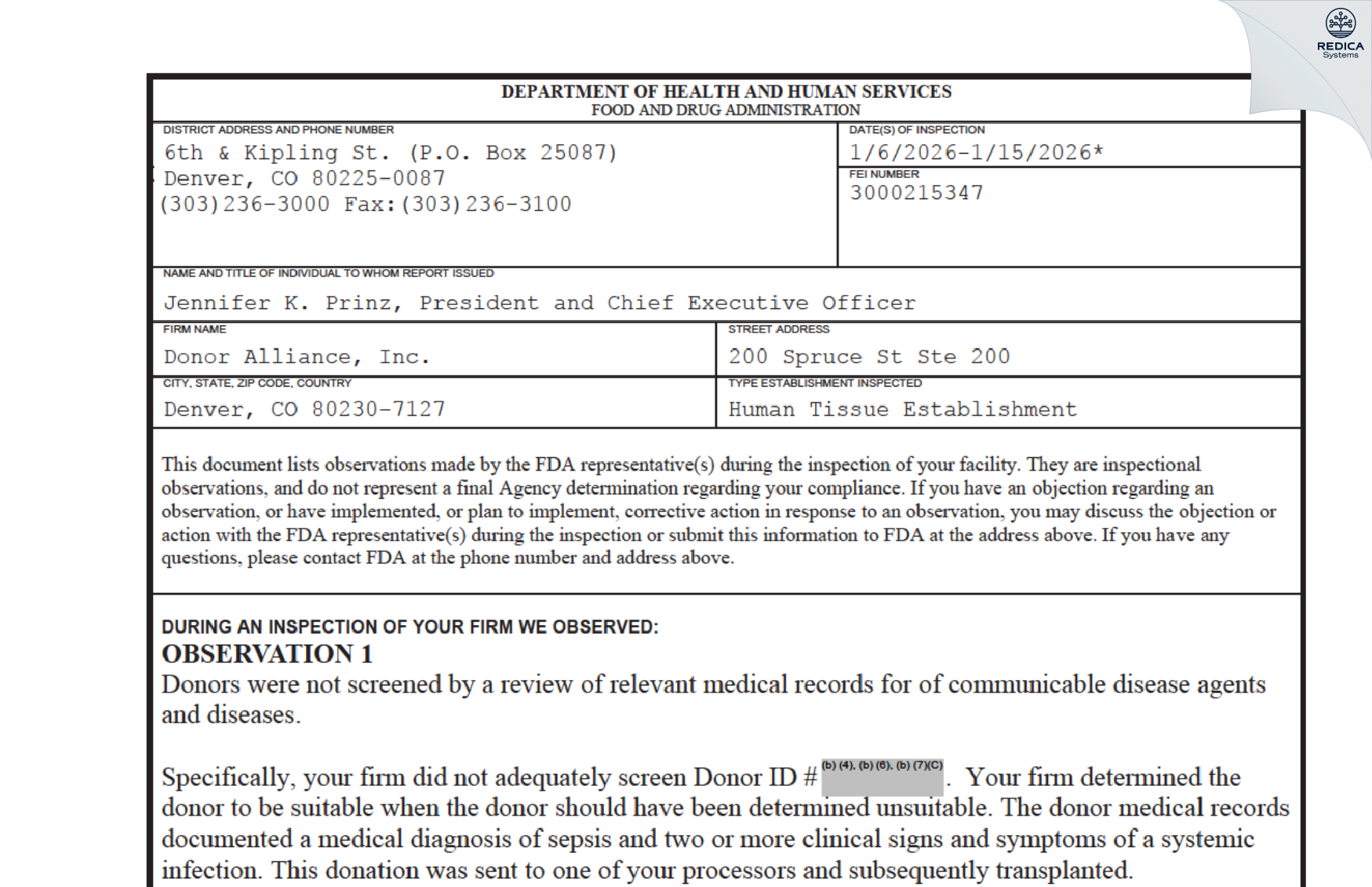 FDA 483 - Donor Alliance, Inc. [Denver / United States of America] - Download PDF - Redica Systems