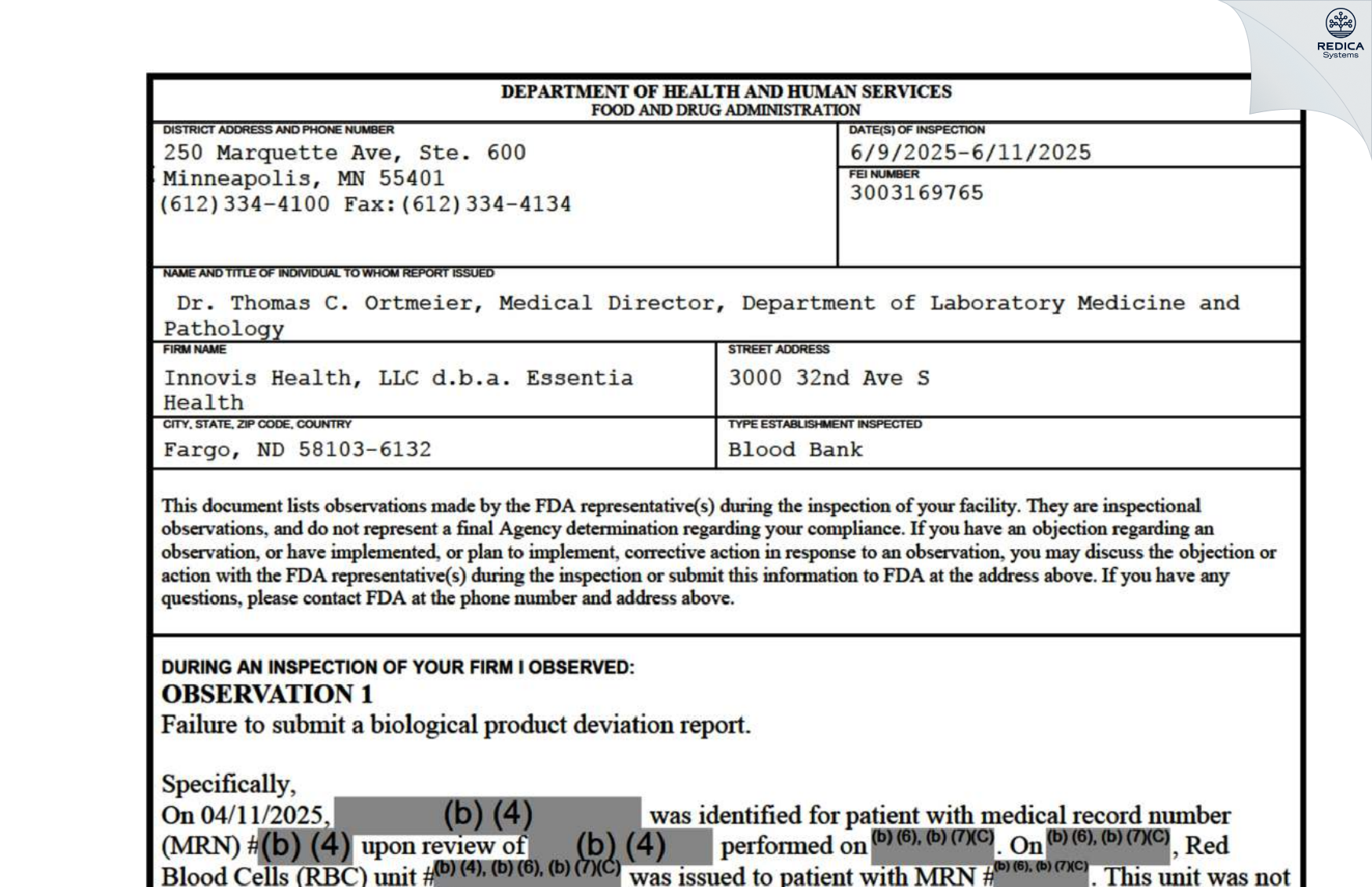 FDA 483 - Innovis Health, LLC [Fargo / United States of America] - Download PDF - Redica Systems