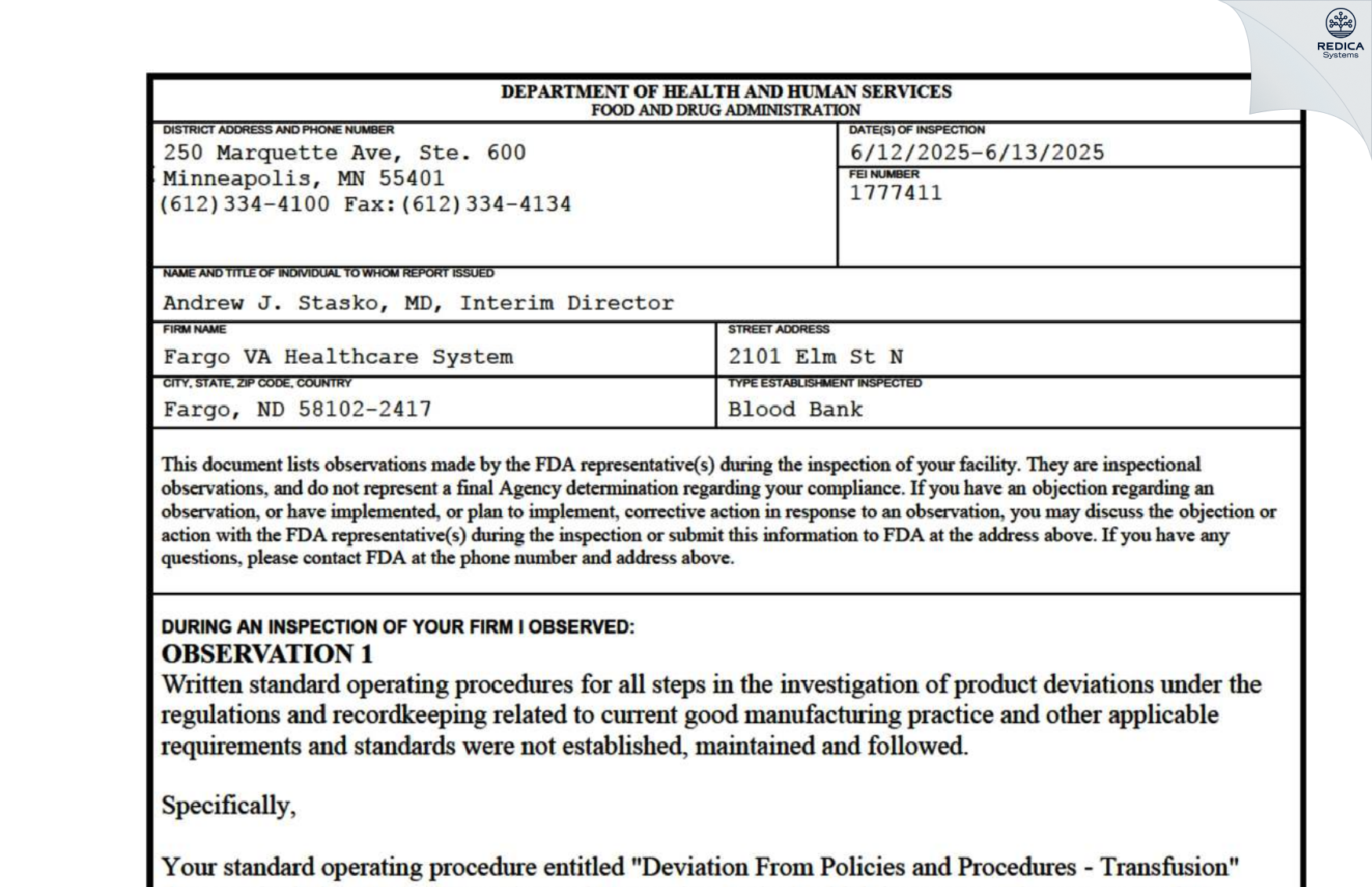 FDA 483 - VA Health Care System (113) [Fargo / United States of America] - Download PDF - Redica Systems